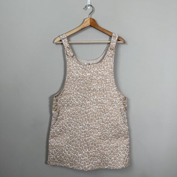 Storia Leopard Print Jacquard Overall Mini Dress Women's Large Beige Boho NWOT - Picture 2 of 10